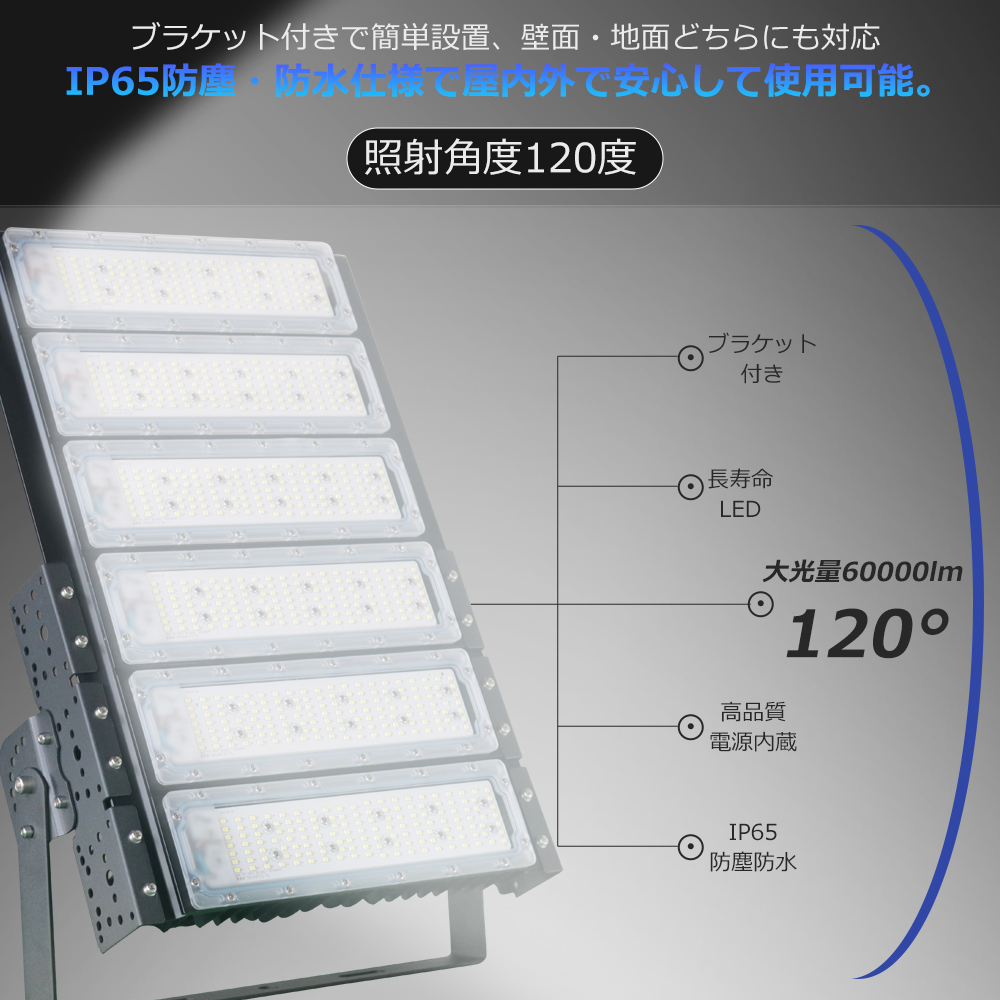 led投光器 300W 投光器 led 屋外 防水 IP65 3000W相当 60000LM led照明器具 180°角度調節 屋外作業 昼光 ...