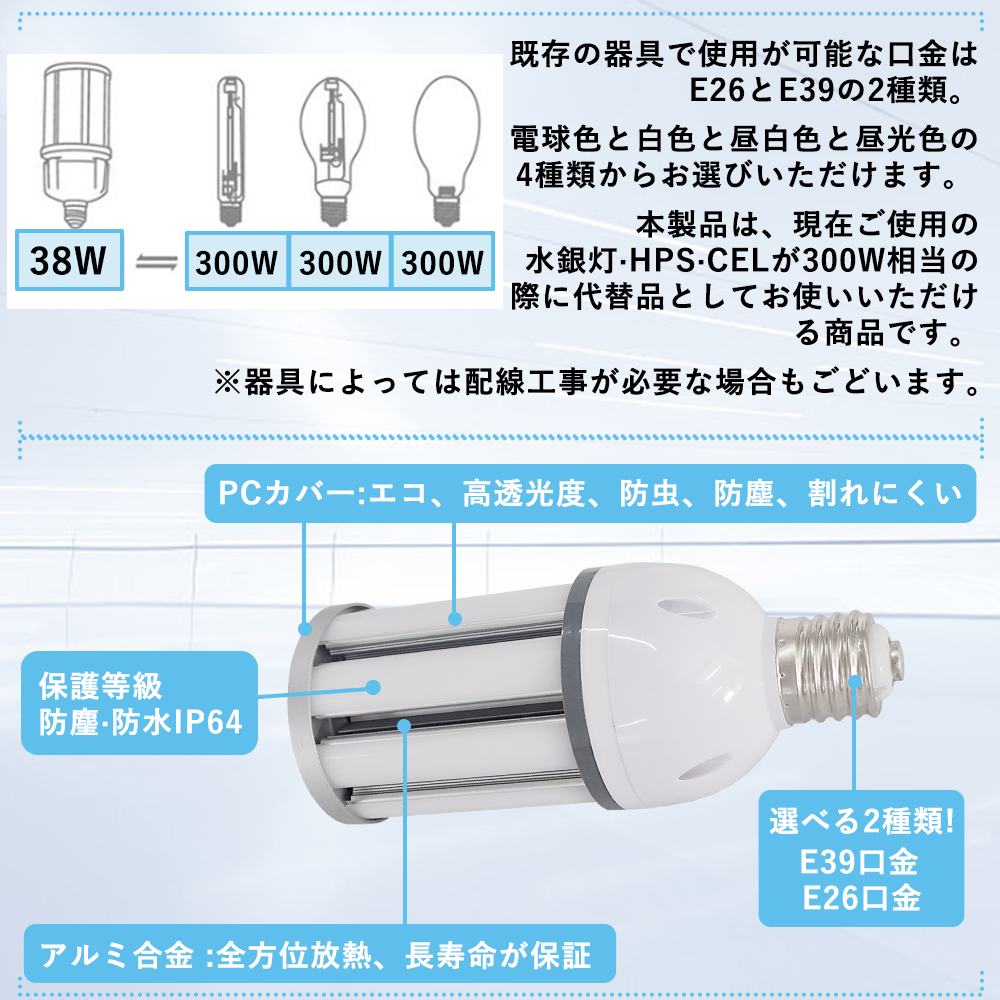 LED 水銀ランプ 300W 相当 LED 電球 E39 E26 38W IP64防水 密閉型器具対応 コーンライト 水銀灯交換用 E39 HF200X代替 LED街路灯 防犯灯 照明 コーン型 1年保証｜rallyshop｜07