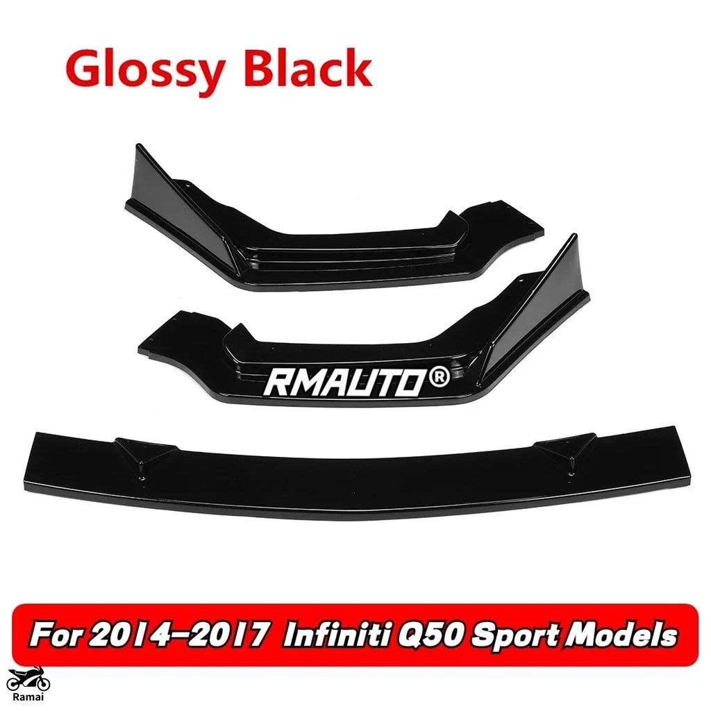 3-Piece Gloss Black Front Bumper Lip Splitter Kit For 2014-2017 Infiniti Q50 Sport - Adds Aggressive Look
