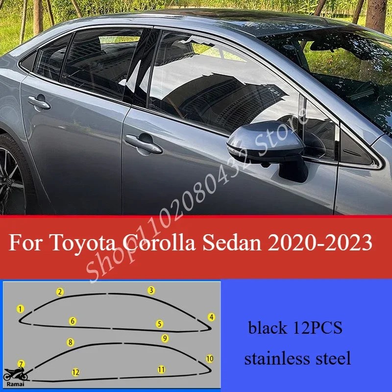 【並行輸入品】 トヨタ カローラ セダン 2020年-2023 スチール メッキ ブラック ウィンドウ サイド カバー 12P カスタム パーツの画像