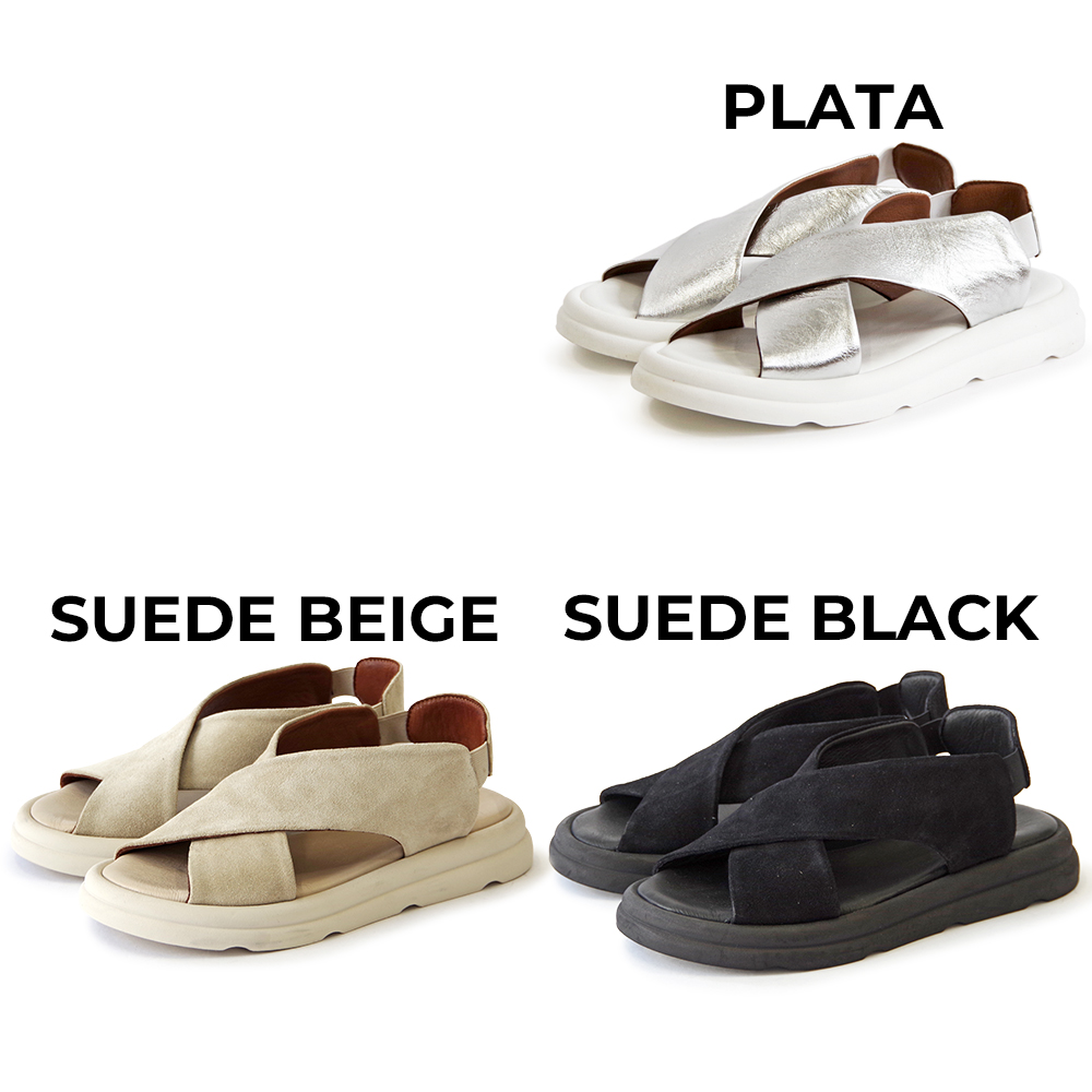 【一部予約受付中】【BUENO SHOES ブエノシューズ】 クロスベルトサンダル 【A2603】厚底 つっかけ フラット レザー 黒 ベージュ シルバーの画像