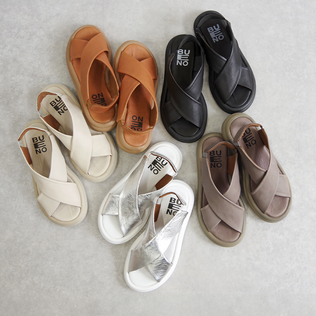 【一部予約受付中】【BUENO SHOES ブエノシューズ】 クロスベルトサンダル 【A2603】厚底 つっかけ フラット レザー 黒 ベージュ シルバーの画像