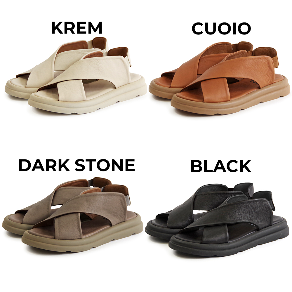 【一部予約受付中】【BUENO SHOES ブエノシューズ】 クロスベルトサンダル 【A2603】厚底 つっかけ フラット レザー 黒 ベージュ シルバーの画像