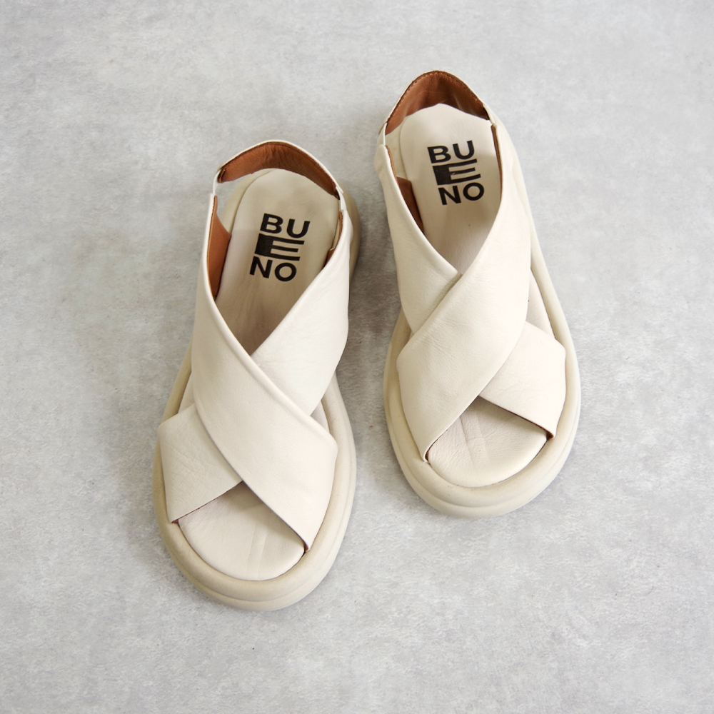 【一部予約受付中】【BUENO SHOES ブエノシューズ】 クロスベルトサンダル 【A2603】厚底 つっかけ フラット レザー 黒 ベージュ シルバーの画像