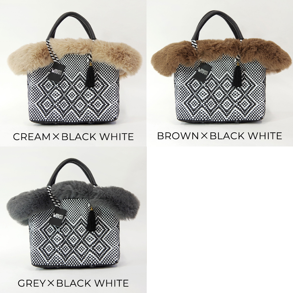 そ*た様 WOVEN かごバッグ メルカドバッグ ベージュ ファー付き かごバッグ カゴバッグ WOVEN (ウーヴン) / エコファーフラップ