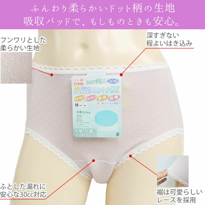 日本製 抗菌・防臭 さわやか吸収ショーツ 綿混 西川合繊　32064 30cc対応