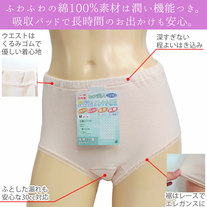 日本製 抗菌・防臭 さわやか吸収ショーツ うるおい機能付き 綿100％綿混 西川合繊　37774　30cc対応