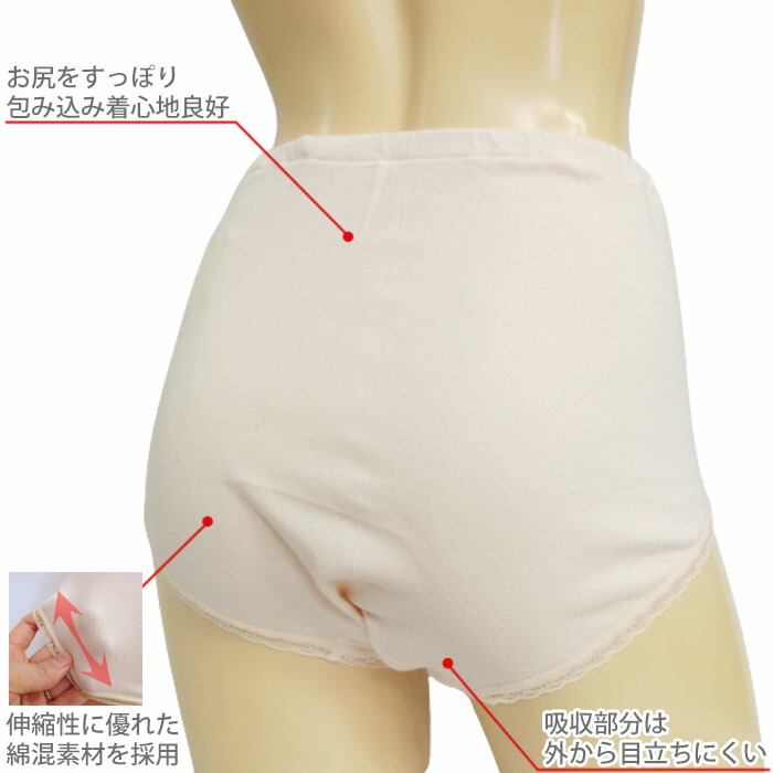 日本製 抗菌・防臭 さわやか吸収ショーツ うるおい機能付き 綿100％綿混 西川合繊　37774　30cc対応