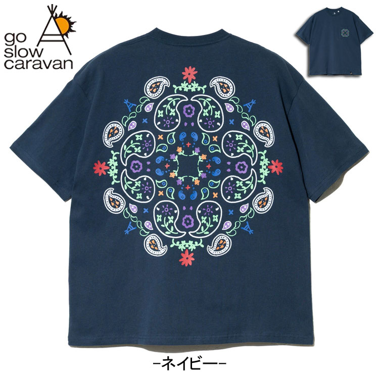 45R 45rpm ペイズリー柄 半袖カットソー ネイビー go slow caravan（ゴースローキャラバン） ペイズリー柄 刺繍ポケット