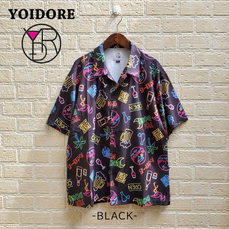 YOIDORE】酒 ネオン アロハシャツ シャツ 総柄 半袖シャツ よいどれ