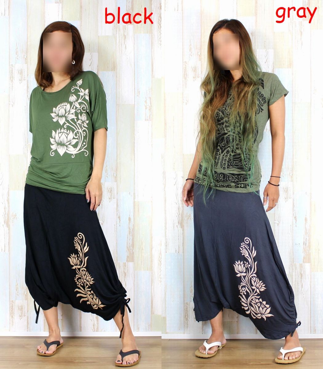 ロータス プリント スパンデックス バルーン サルエルパンツ