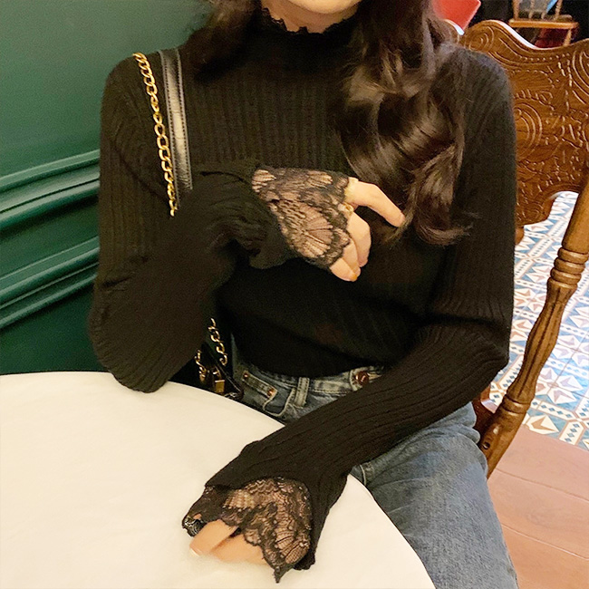 【2点目30%OFF】ニット 袖レース ハイネックトップス 長袖 レディース 重ね着風 フレア袖 レースニット カットソー リブニット フリルネック フィット 爆買 | ブランド登録なし | 01