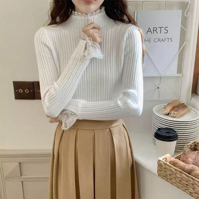 【2点目30%OFF】ニット 袖レース ハイネックトップス 長袖 レディース 重ね着風 フレア袖 レースニット カットソー リブニット フリルネック フィット 爆買 | ブランド登録なし | 02