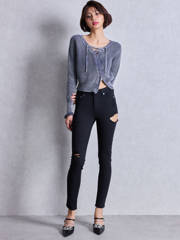 GYDA（ジェイダ） ミドルウエストSIDE RIPPEDカラースキニーパンツ