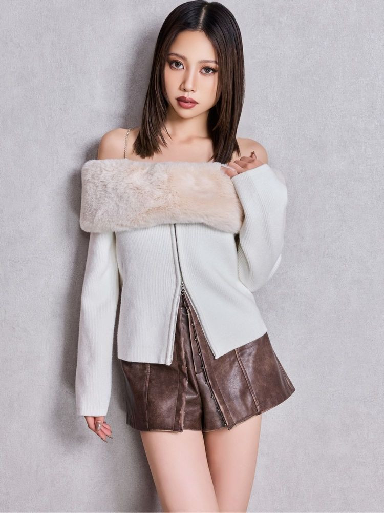 GYDA(ジェイダ) エコファーオフショルチェーンbijouニットトップス GYDA(ジェイダ) エコファーオフショルチェーンbijouニットトップス