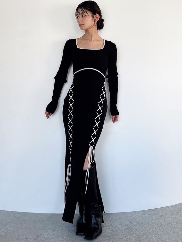 新品 RESEXXY Aライン ニット ワンピース フレア レース RESEXXY（リゼクシー） レースアップタイトニットワンピース 即日発送