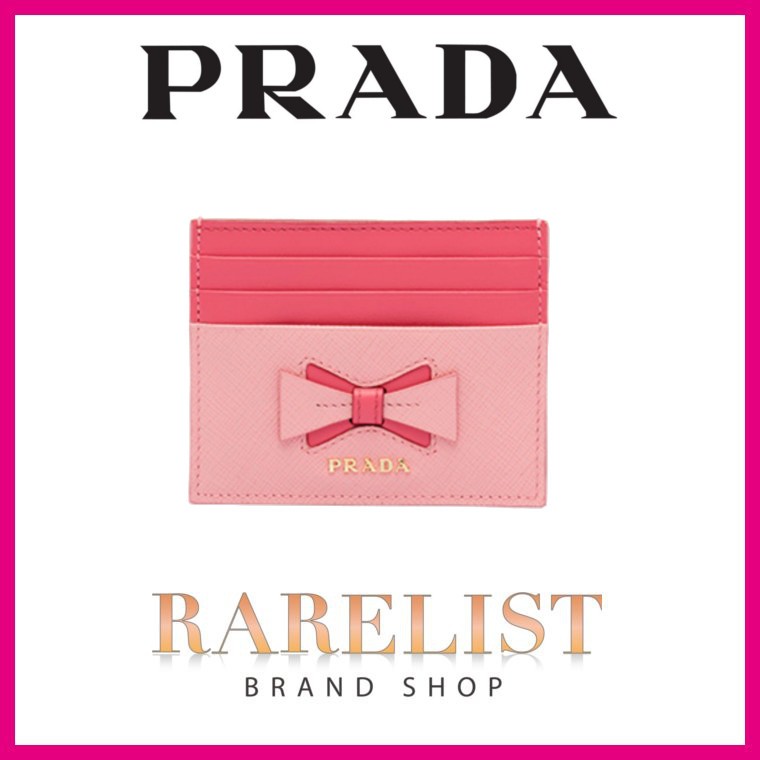 バーゲンでバーゲンでプラダ PRADA カードケース パスケース ピンク ゴールド レザー リボン 財布、帽子、ファッション小物 