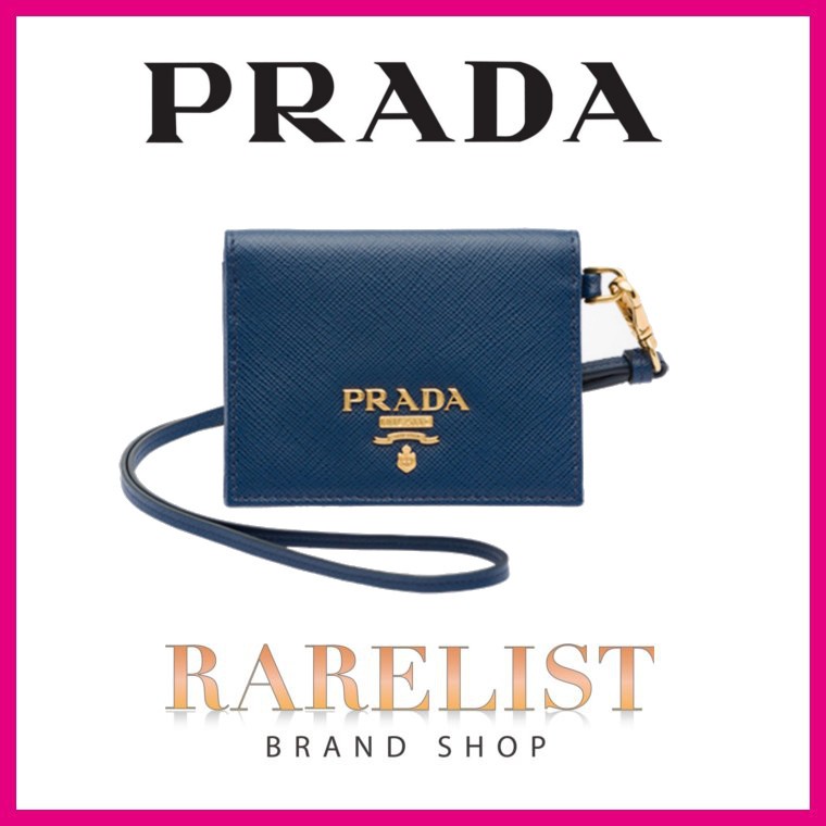 プラダ Prada カードケース パスケース ブリュエット ブルー ゴールド レザー M2b Stafe Fr