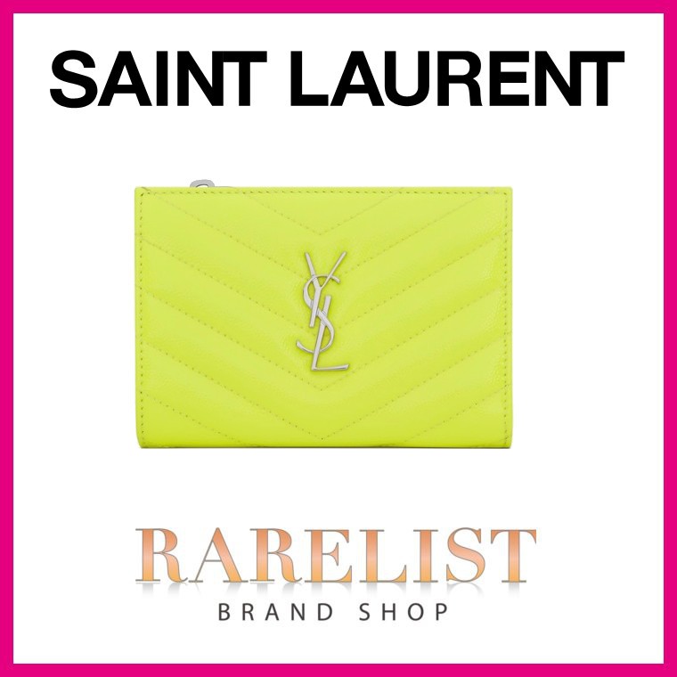 サンローラン SAINT LAURENT PARIS 財布 小財布 二つ折り ネオンイエロー イエロー シルバー レザー YSL ロゴ サンローラン SAINT LAURENT PARIS 財布 小財布 二つ折り ネオンイエロー イエロー シルバー レザー YSL ロゴ