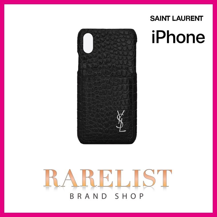 サンローラン SAINT LAURENT PARIS iPhoneケース アイフォンケース スマホケース ブラック クロコダイル調 レザー  iPhone X XS テン テンエス 対応