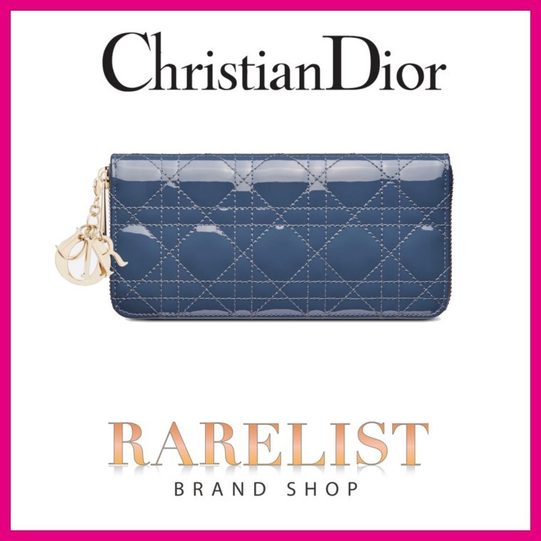 クリスチャンディオール Christian Dior 財布 長財布 ダークデニムブルー ブルー ゴールド パテント エナメル レザー チャーム  ラウンドファスナー