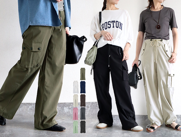 カーゴパンツ パンツ 夏 パラシュートカーゴパンツ レディース シワになりにくい さらさら 春 黒 白 おしゃれ ロング ドロスト ドローコード ^b445^