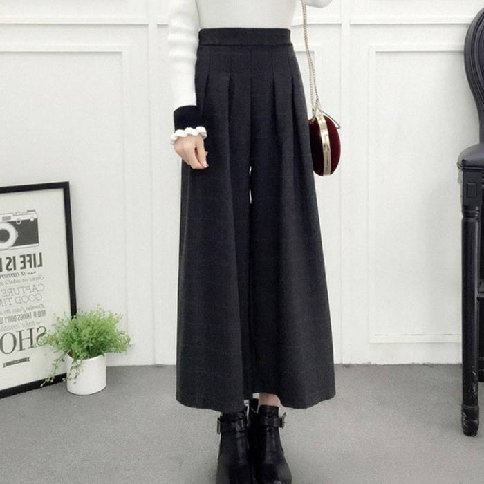 クーポンで2392円★ ワイドパンツ レディース パンツ 秋 冬 黒 おしゃれ ロング ガウチョ フレア チェック 柄 ウエストゴム [郵3]^b355^ | uricca | 02