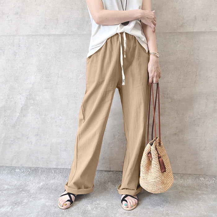 【タイムセール】 パンツ ワイドパンツ レディース 春 夏 黒 白 おしゃれ コットン 綿 麻タッチ セミワイド ボトムス ストレート ^b392^ | uricca | 02