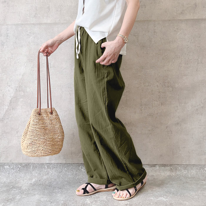 【タイムセール】 パンツ ワイドパンツ レディース 春 夏 黒 白 おしゃれ コットン 綿 麻タッチ セミワイド ボトムス ストレート ^b392^ | uricca | 03