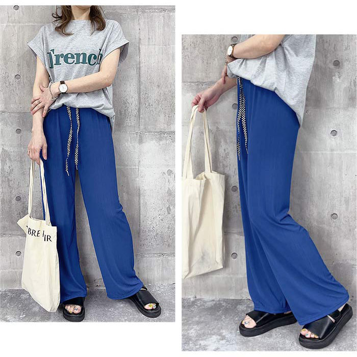 クーポンで1192円★ パンツ ワイドパンツ レディース 夏 春 黒 白 おしゃれ きれいめ ズボン ロング ワイド ストレート リブ 涼しい [郵2]^b402^ | uricca | 05