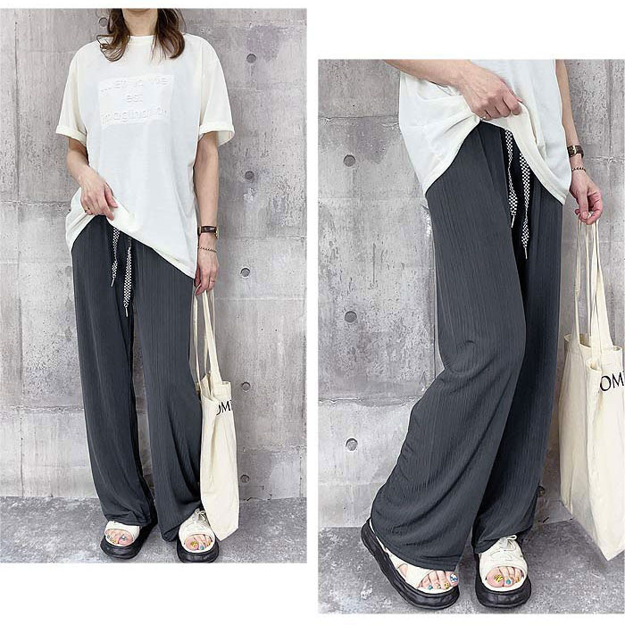 クーポンで1192円★ パンツ ワイドパンツ レディース 夏 春 黒 白 おしゃれ きれいめ ズボン ロング ワイド ストレート リブ 涼しい [郵2]^b402^ | uricca | 04