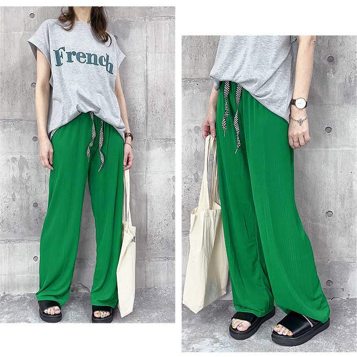 クーポンで1192円★ パンツ ワイドパンツ レディース 夏 春 黒 白 おしゃれ きれいめ ズボン ロング ワイド ストレート リブ 涼しい [郵2]^b402^ | uricca | 06