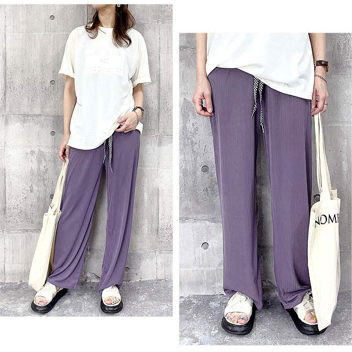 クーポンで1192円★ パンツ ワイドパンツ レディース 夏 春 黒 白 おしゃれ きれいめ ズボン ロング ワイド ストレート リブ 涼しい [郵2]^b402^ | uricca | 09