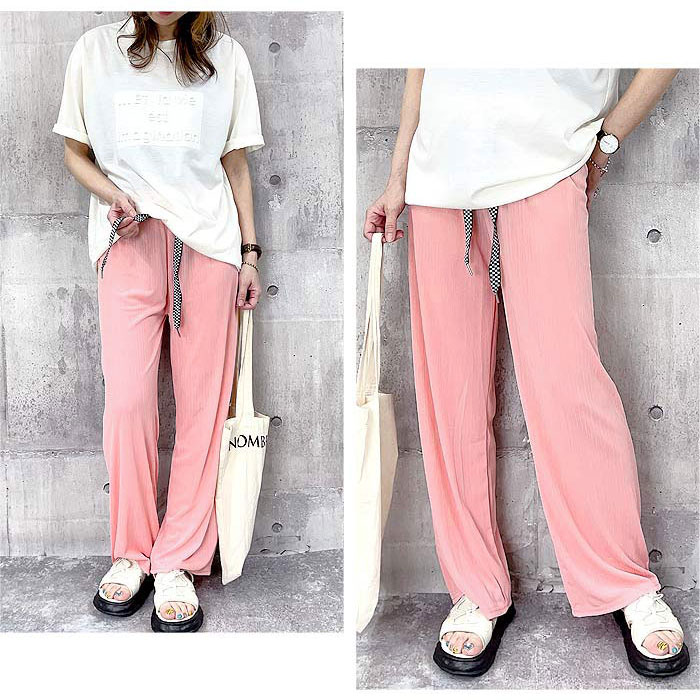 クーポンで1192円★ パンツ ワイドパンツ レディース 夏 春 黒 白 おしゃれ きれいめ ズボン ロング ワイド ストレート リブ 涼しい [郵2]^b402^ | uricca | 10