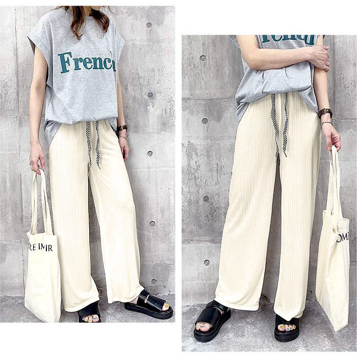 クーポンで1192円★ パンツ ワイドパンツ レディース 夏 春 黒 白 おしゃれ きれいめ ズボン ロング ワイド ストレート リブ 涼しい [郵2]^b402^ | uricca | 02