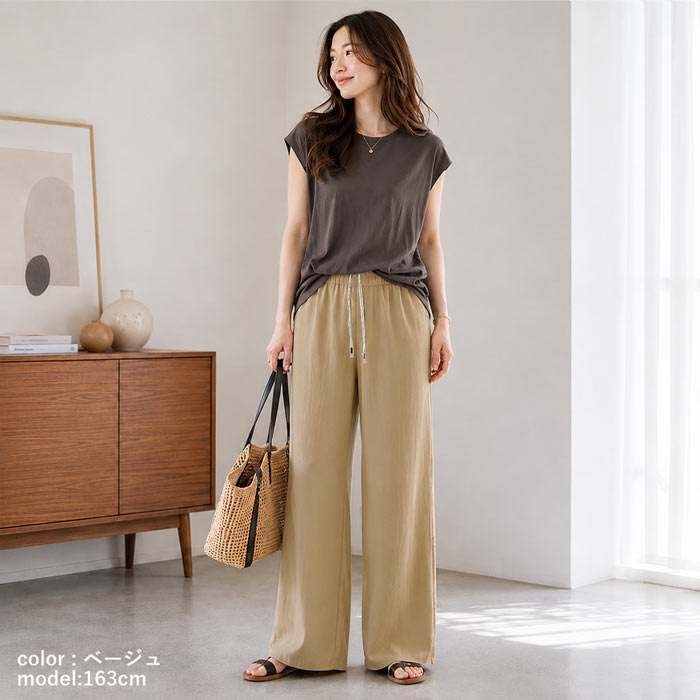 1253円 クーポンで！ パンツ ワイドパンツ レディース 春 夏 黒 白 おしゃれ セミワイド 麻タッチ ボトムス ストレート [郵1.5]^b413^ | uricca | 16
