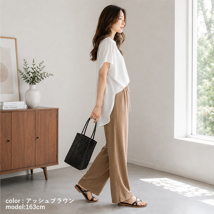 1253円 クーポンで！ パンツ ワイドパンツ レディース 春 夏 黒 白 おしゃれ セミワイド 麻タッチ ボトムス ストレート [郵1.5]^b413^ | uricca | 18