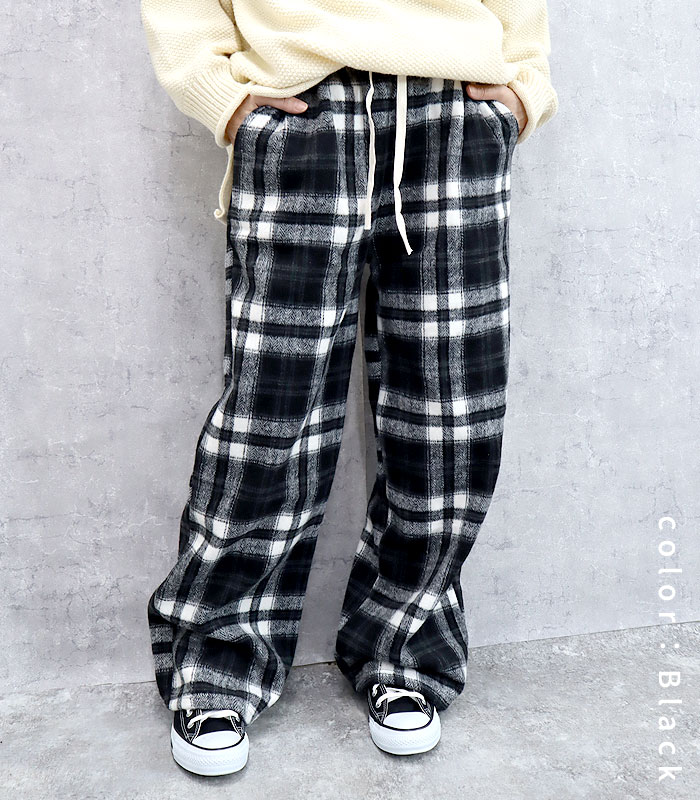 2395円 クーポンで！ パンツ ワイドパンツ レディース 秋 冬 黒 おしゃれ かわいい 30代 40代 50代 ワイド チェック 柄 メルトタッチ ボア 極暖 ^b464^ | uricca | 10
