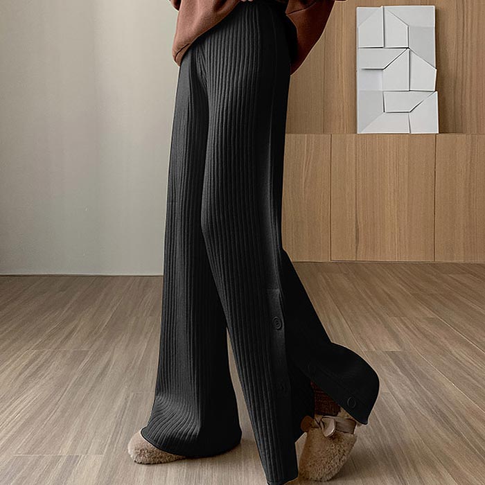 2595円 クーポンで！ パンツ ニット レディース ワイドパンツ 秋 冬 黒 白 おしゃれ かわいい 30代 40代 無地 リブ ウエストゴム ボトムス 極暖 [郵3]^b465^ | uricca | 04