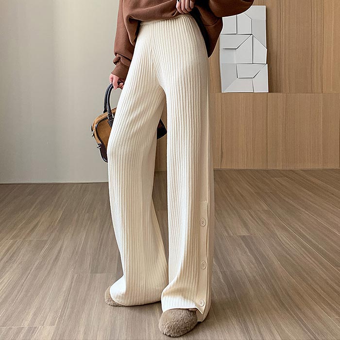 2595円 クーポンで！ パンツ ニット レディース ワイドパンツ 秋 冬 黒 白 おしゃれ かわいい 30代 40代 無地 リブ ウエストゴム ボトムス 極暖 [郵3]^b465^ | uricca | 07