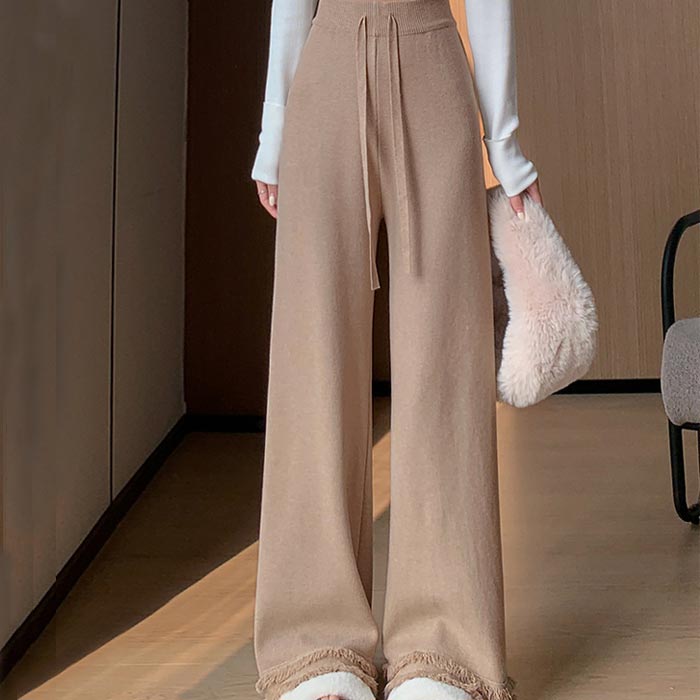 2595円 クーポンで！ パンツ ニット レディース ワイドパンツ 秋 冬 黒 白 おしゃれ かわいい 30代 40代 無地 リブ ウエストゴム ボトムス 極暖 [郵3]^b465^ | uricca | 10