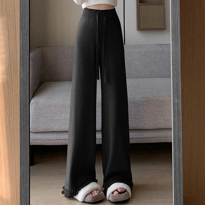 2595円 クーポンで！ パンツ ニット レディース ワイドパンツ 秋 冬 黒 白 おしゃれ かわいい 30代 40代 無地 リブ ウエストゴム ボトムス 極暖 [郵3]^b465^ | uricca | 08