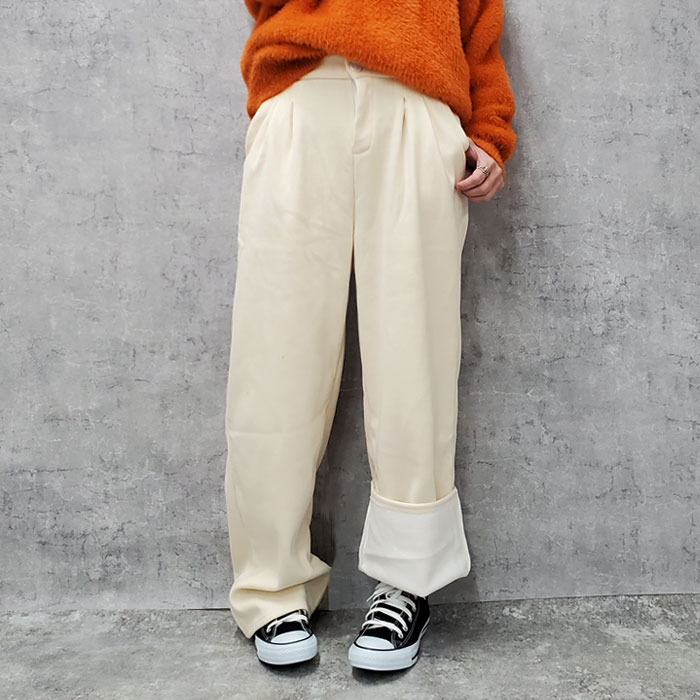 1592円 クーポンで！ パンツ ワイドパンツ ロング レディース 裏起毛 秋 冬 黒 白 おしゃれ かわいい 30代 40代 50代 リブ ボトムス [郵3]^b477^爆買 | uricca | 06