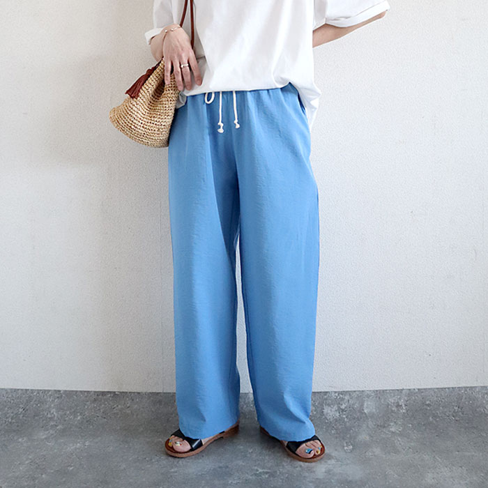 パンツ レディース ワイドパンツ ストレート裾 春 夏 白 黒 無地 麻風 ウエストゴム ポケット [郵3]^b486^ | uricca | 06