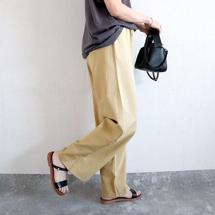 パンツ レディース ワイドパンツ ストレート裾 春 夏 白 黒 無地 麻風 ウエストゴム ポケット [郵3]^b486^ | uricca | 02