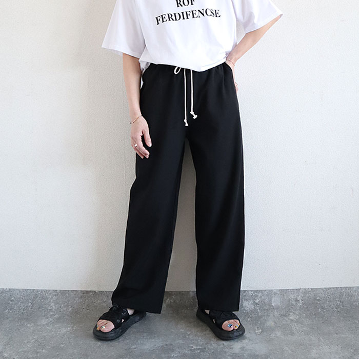 パンツ レディース ワイドパンツ ストレート裾 春 夏 白 黒 無地 麻風 ウエストゴム ポケット [郵3]^b486^ | uricca | 01