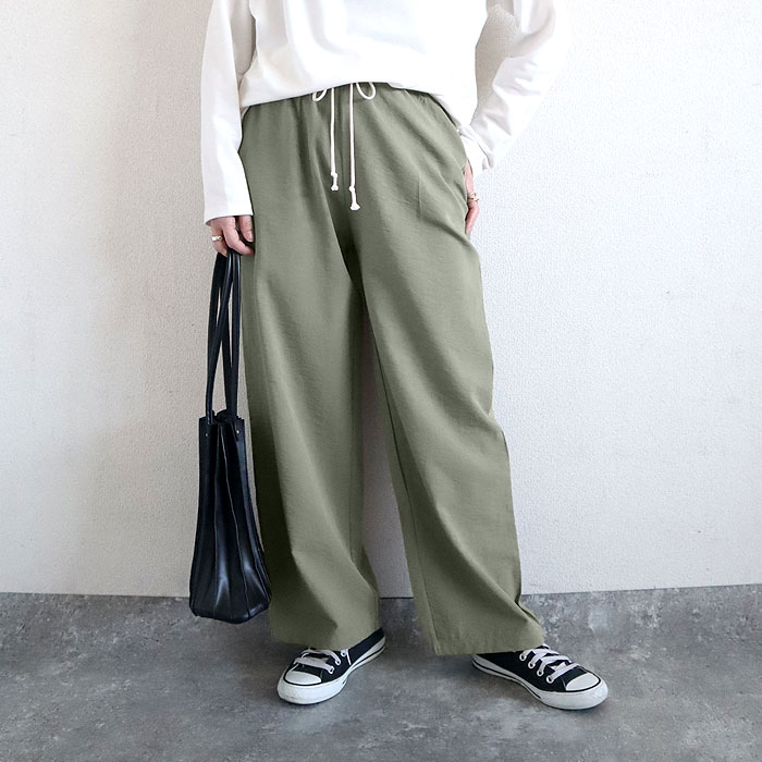 パンツ レディース ワイドパンツ ストレート裾 春 夏 白 黒 無地 麻風 ウエストゴム ポケット [郵3]^b486^ | uricca | 04