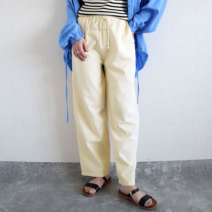 パンツ レディース ワイドパンツ ストレート裾 春 夏 白 黒 無地 麻風 ウエストゴム ポケット [郵3]^b486^ | uricca | 05