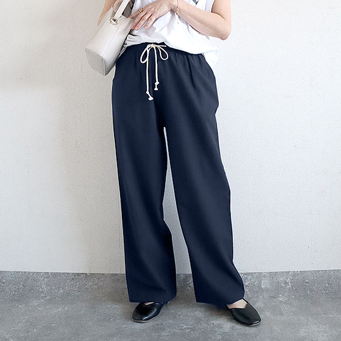 パンツ レディース ワイドパンツ ストレート裾 春 夏 白 黒 無地 麻風 ウエストゴム ポケット [郵3]^b486^ | uricca | 03