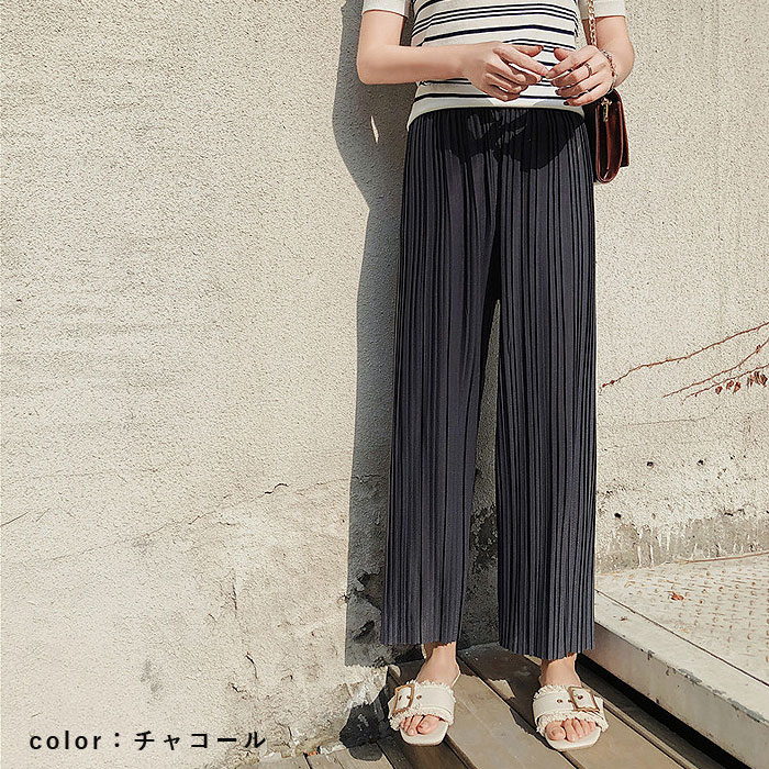ワイドパンツ レディース プリーツパンツ 春 夏 黒 おしゃれ 楽ちん ゆったり ロング丈 ウエストゴム きれいめ[郵3]^b491^ | uricca | 15